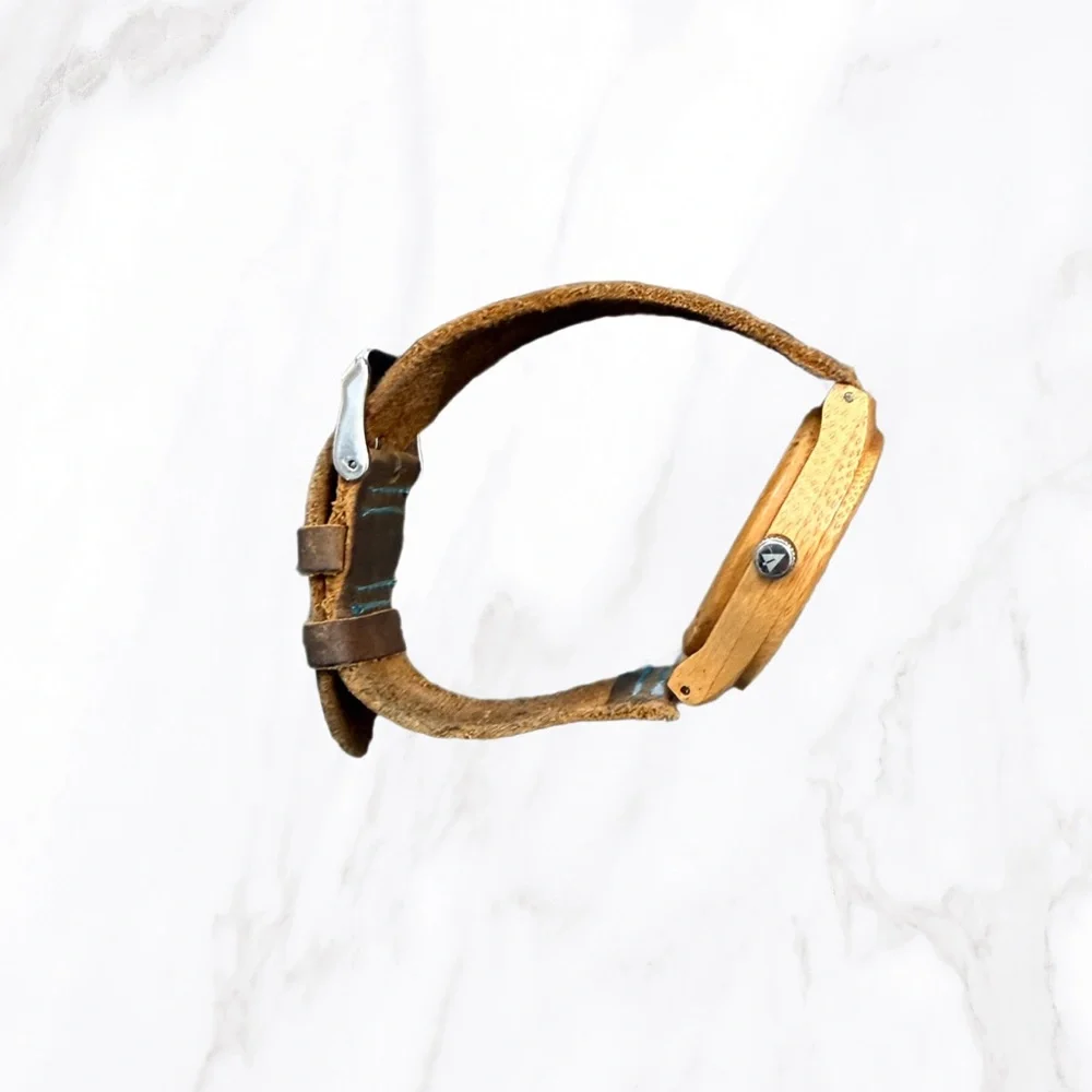 Treehut Women’s Bamboo Wooden Watch | Distressed Leather‎ w/ Blue Stitching